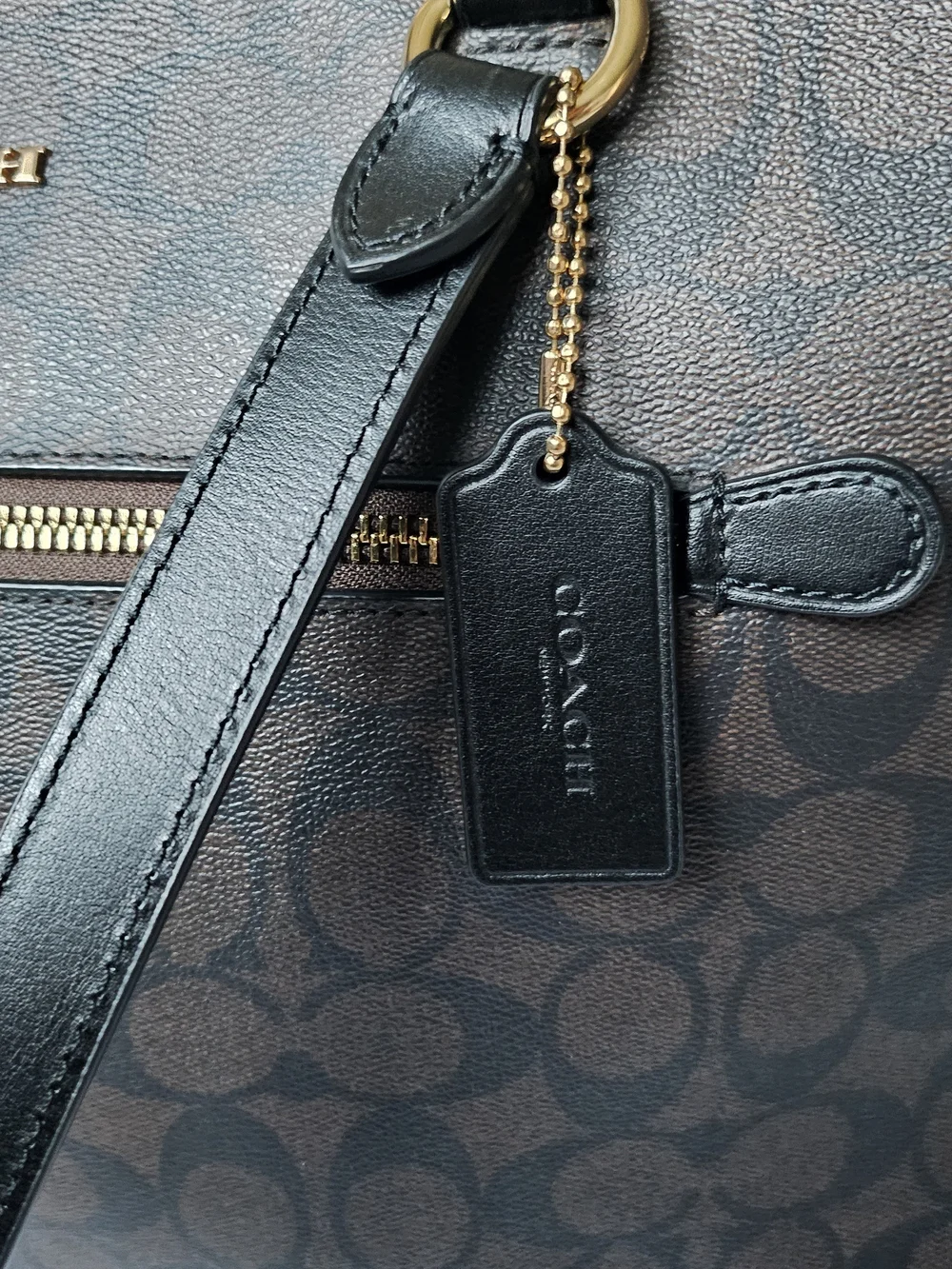 COACH Brown Signature Canvas Tote with Black Leather Straps